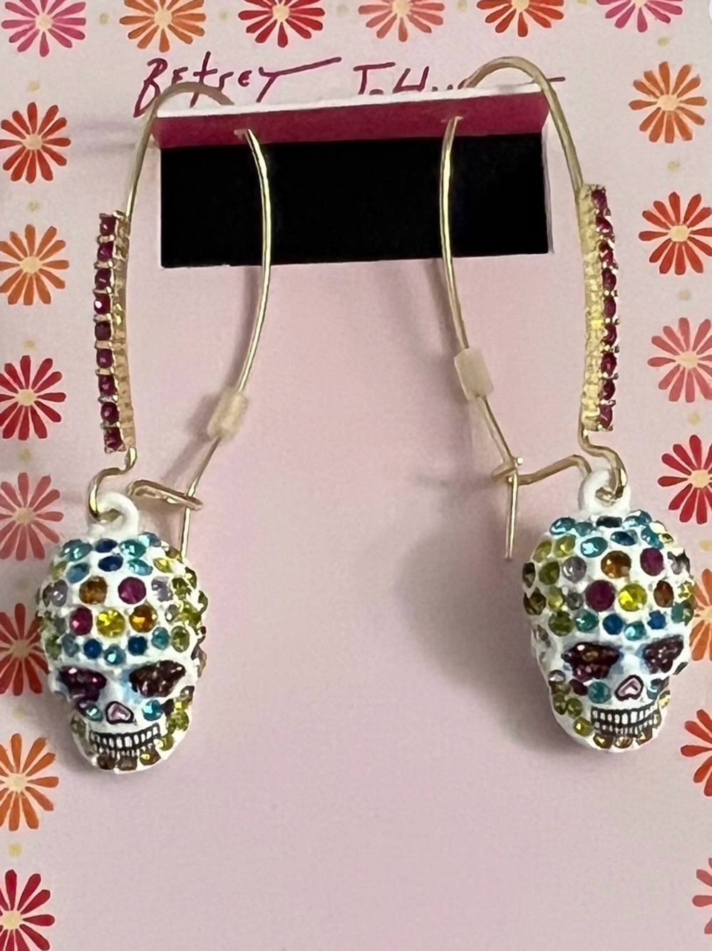 Betsey Johnson White Multicolor Crystal Skull Hoop Earrings